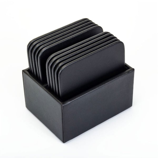 Black Leather 10 Square Coaster Set With Holder